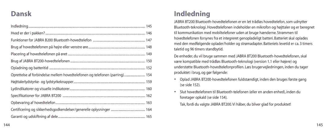 Jabra BT200 user manual Dansk, Indledning, 144 