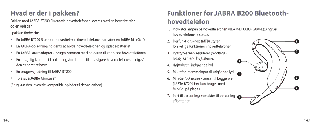 Jabra BT200 user manual Hvad er der i pakken?, Funktioner for Jabra B200 Bluetooth- hovedtelefon, MiniGel på plads, 147 