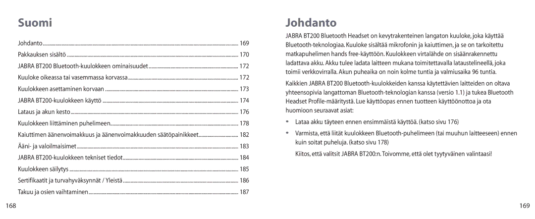 Jabra BT200 user manual Suomi, Johdanto, 168 