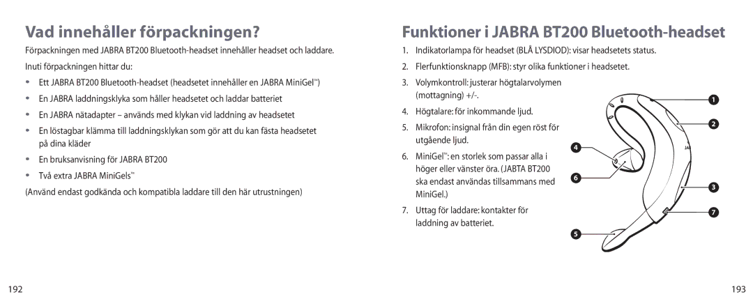 Jabra BT200 user manual Vad innehåller förpackningen?, 193 