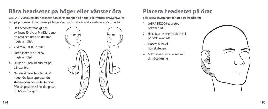 Jabra BT200 user manual Bära headsetet på höger eller vänster öra, Placera headsetet på örat, 195 