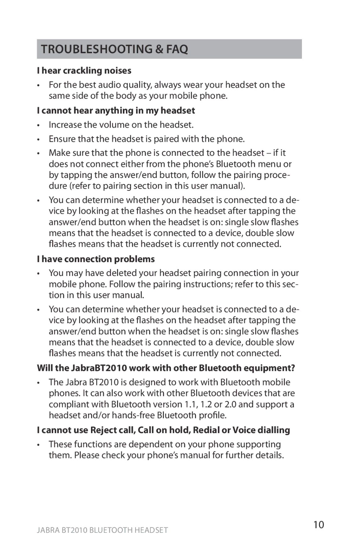 Jabra BT2010 Troubleshooting & FAQ, Hear crackling noises, Cannot hear anything in my headset, Have connection problems 