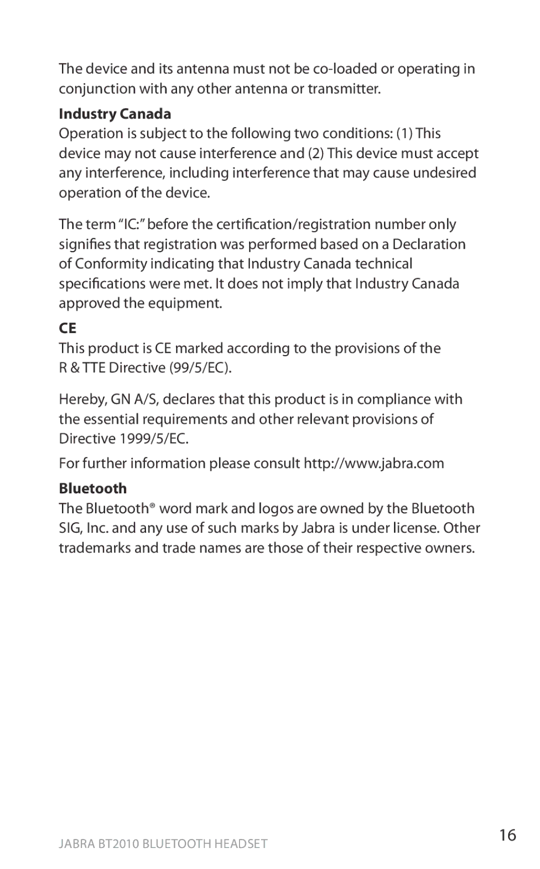 Jabra BT2010 user manual Industry Canada, Bluetooth 