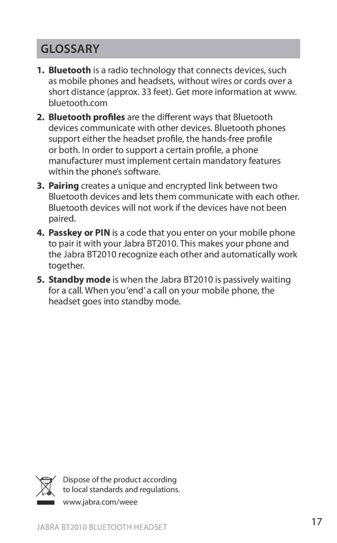 Jabra BT2010 user manual Glossary 