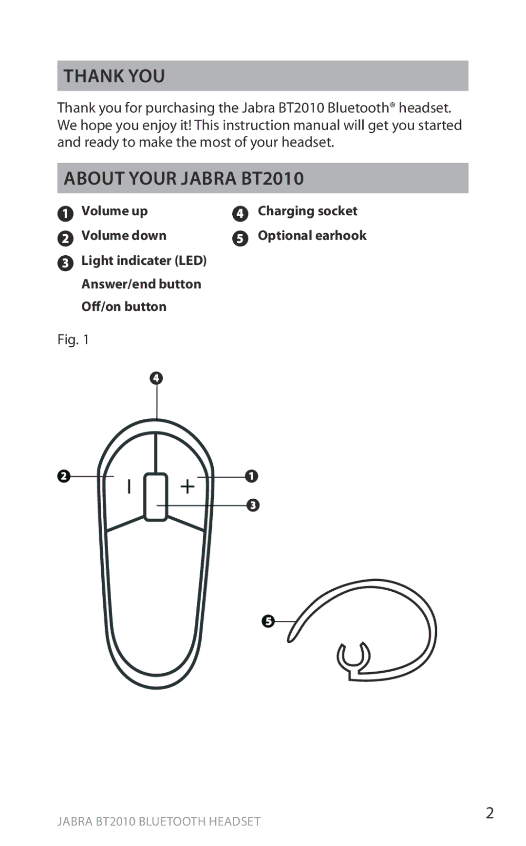 Jabra user manual Thank you About your Jabra BT2010, Light indicater LED Answer/end button Off/onbutton 