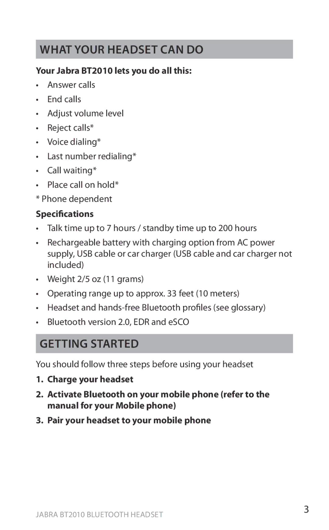 Jabra user manual What your headset can do, Your Jabra BT2010 lets you do all this, Specifications 