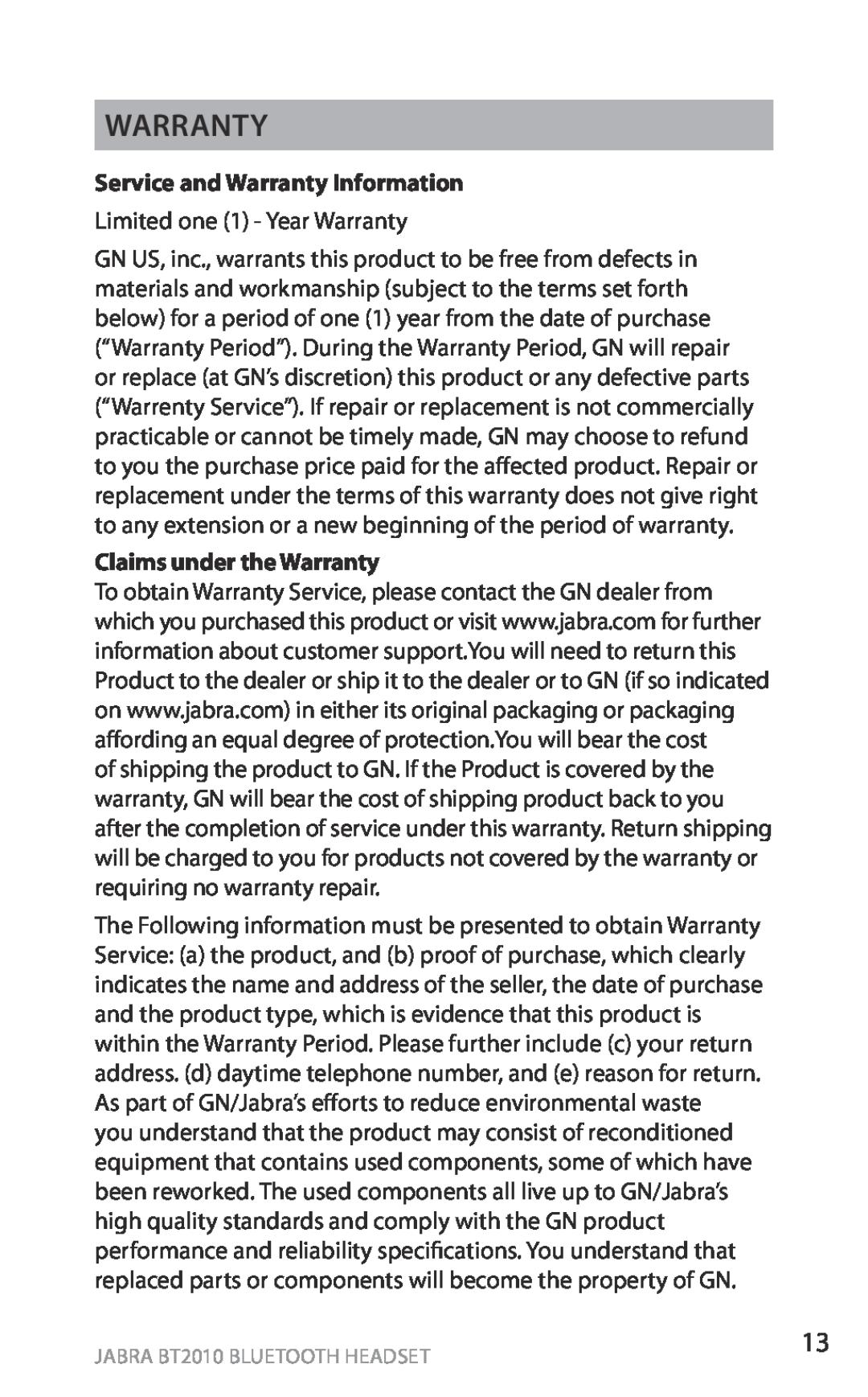 Jabra Service and Warranty Information, Claims under the Warranty, english, Jabra BT2010 Bluetooth headset 