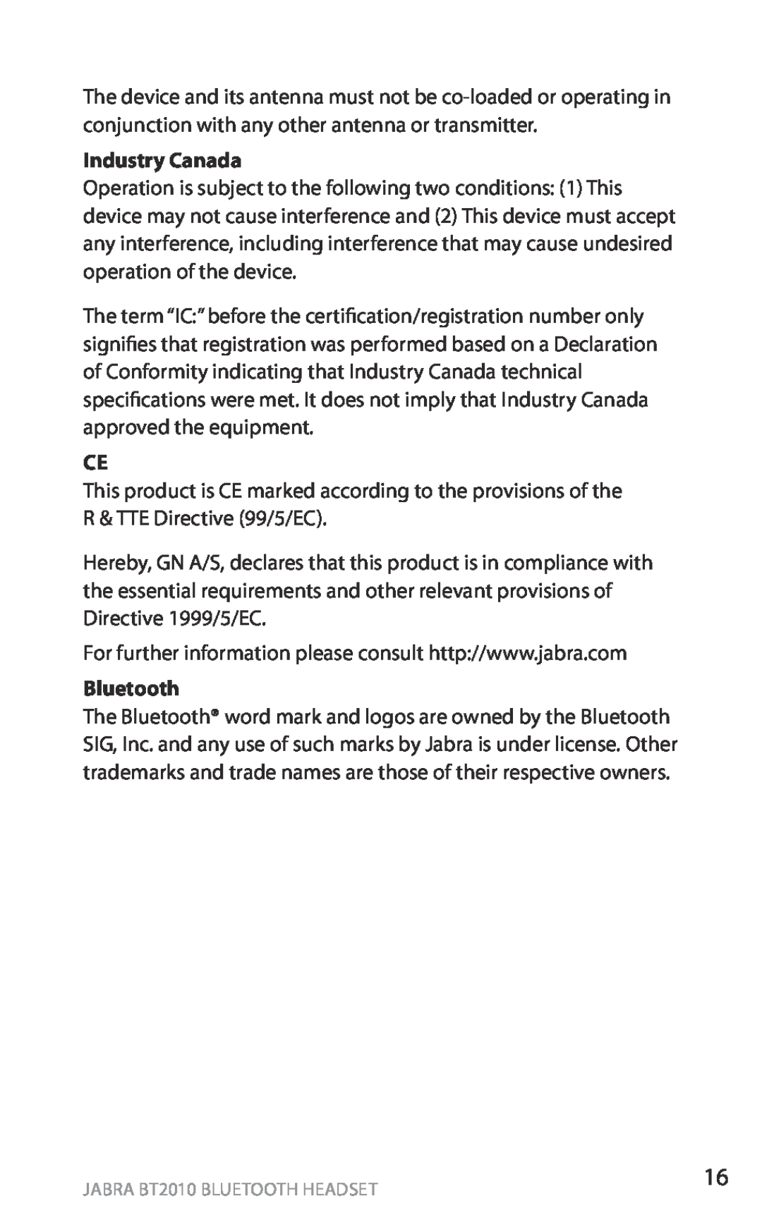 Jabra BT2010 user manual Industry Canada, Bluetooth, english 