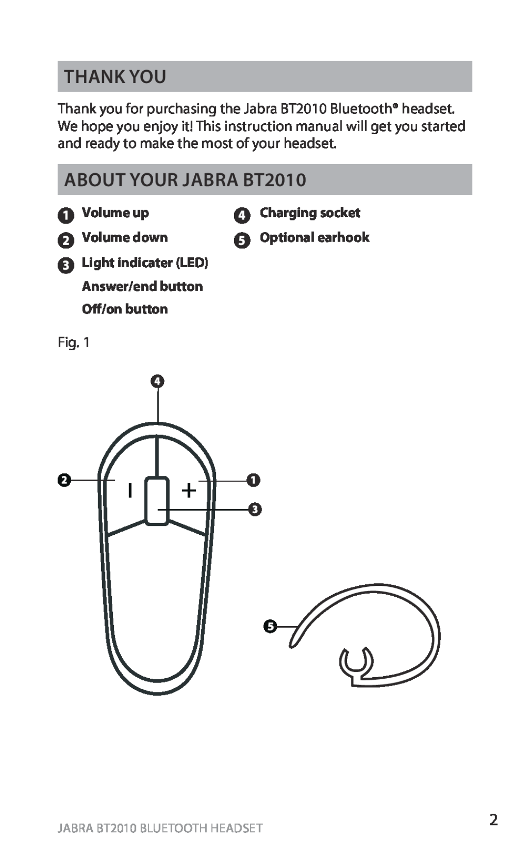 Jabra user manual Thank you, About your Jabra BT2010, english, Volume up, Volume down, Charging socket, Optional earhook 