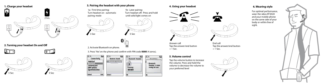 Jabra BT2020 manual Charge your headset, Pairing the headset with your phone, Wearing style, Volume control 