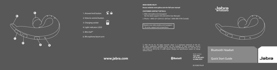 Jabra BT2020 Answer/end button, Charging socket, Light indicator LED, Mini Gel, Volume control button, Microphone boom arm 