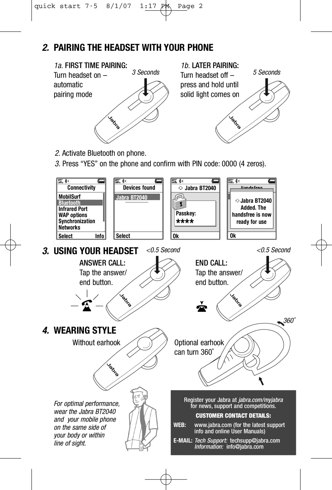 Jabra BT2040 quick start Pairing the Headset with Your Phone, Wearing Style, Line of sight Second, 360˚, Added 