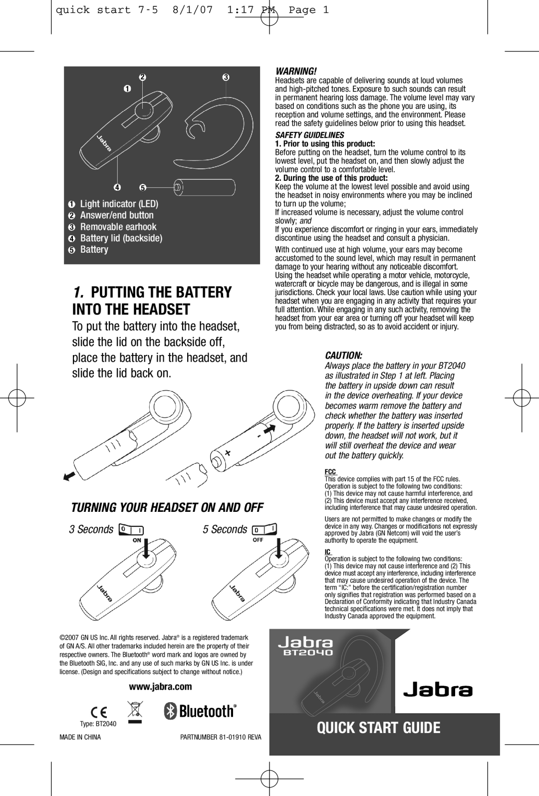 Jabra BT2040 quick start Putting The Battery Into The Headset, Quick Start Guide, quick start 7-58/1/07 1 17 PM Page 