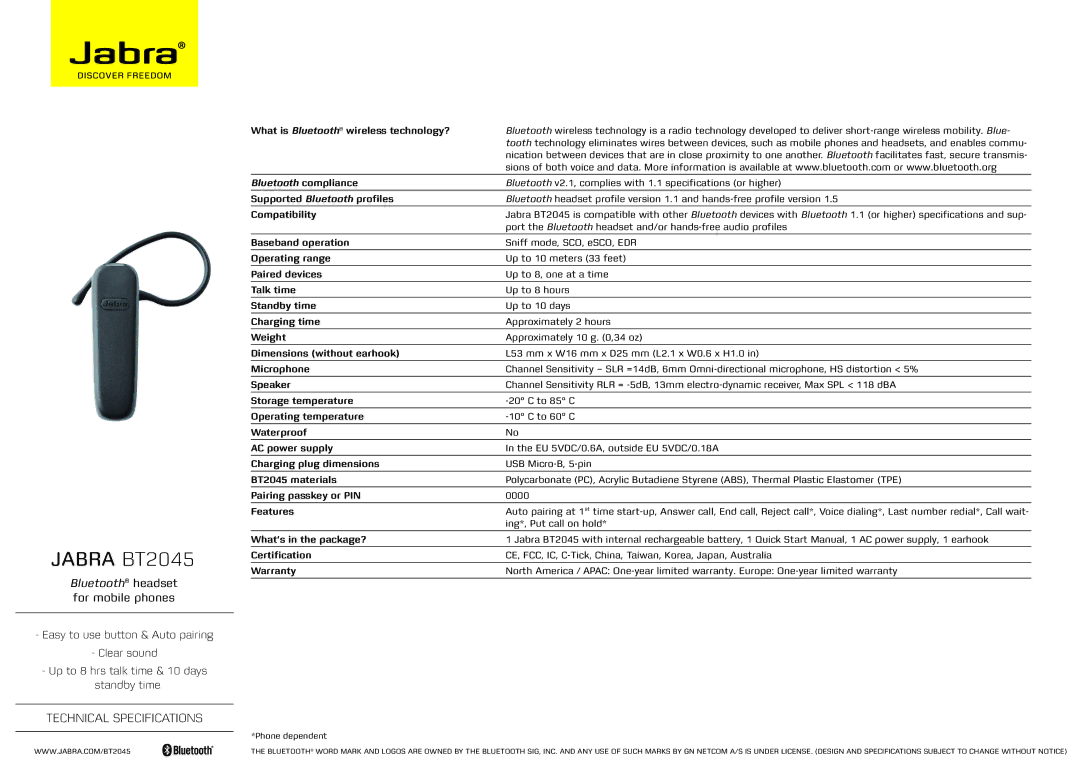 Jabra technical specifications Jabra BT2045, Bluetooth headset for mobile phones, Technical Specifications 