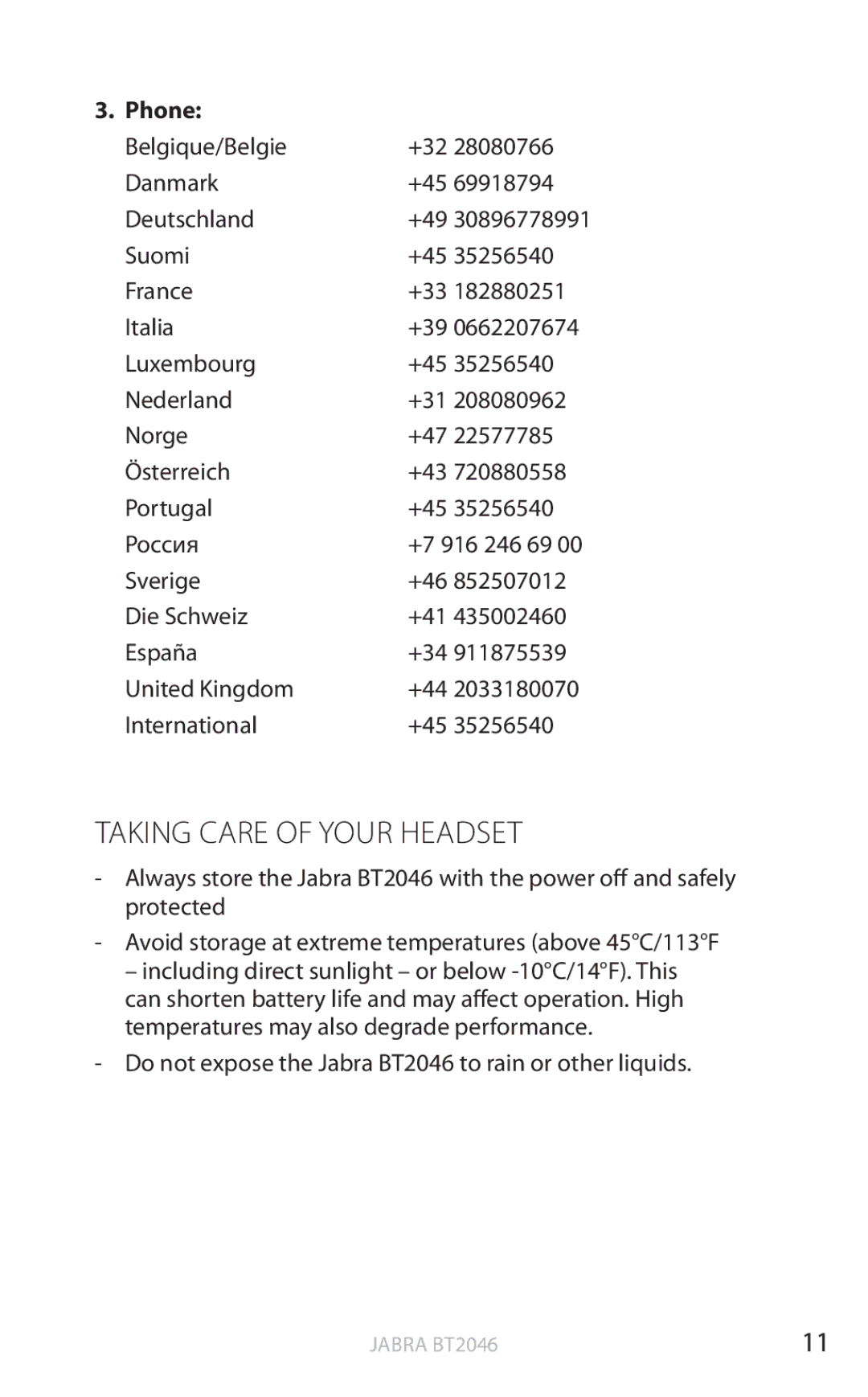 Jabra BT2046 user manual Taking Care of Your Headset, Phone 