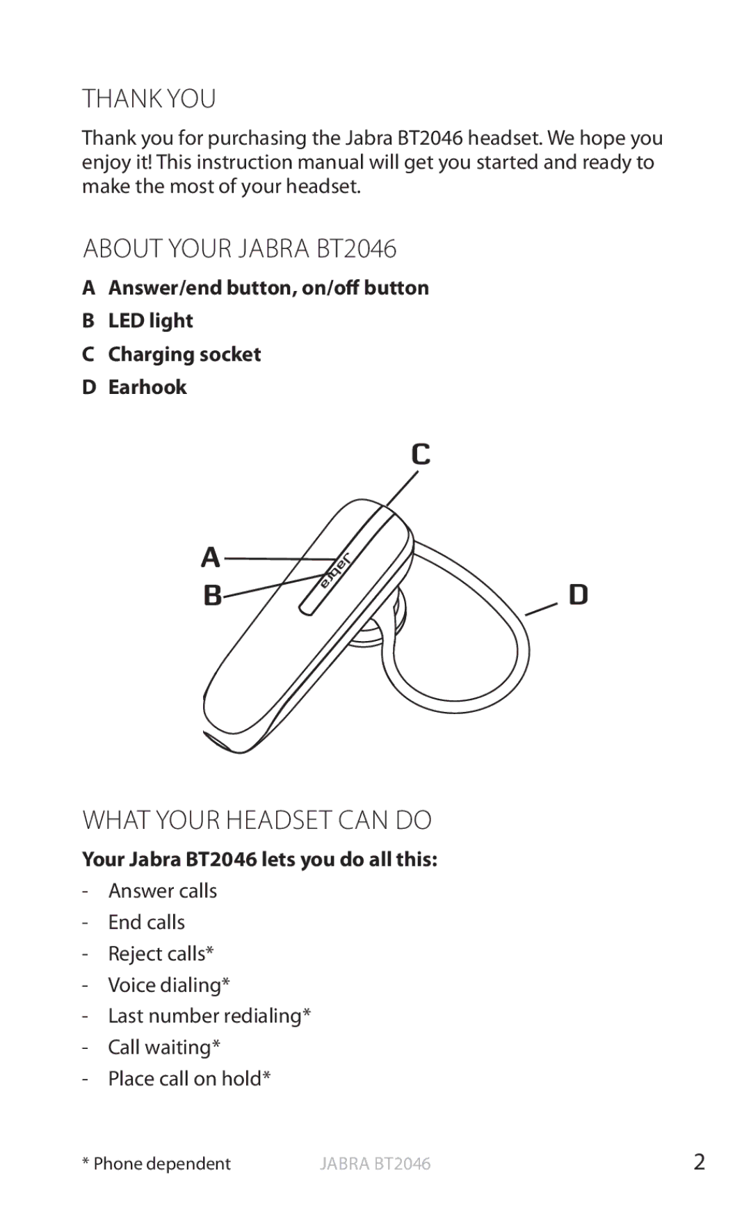 Jabra user manual Thank YOU About Your Jabra BT2046, What Your Headset can do, Your Jabra BT2046 lets you do all this 