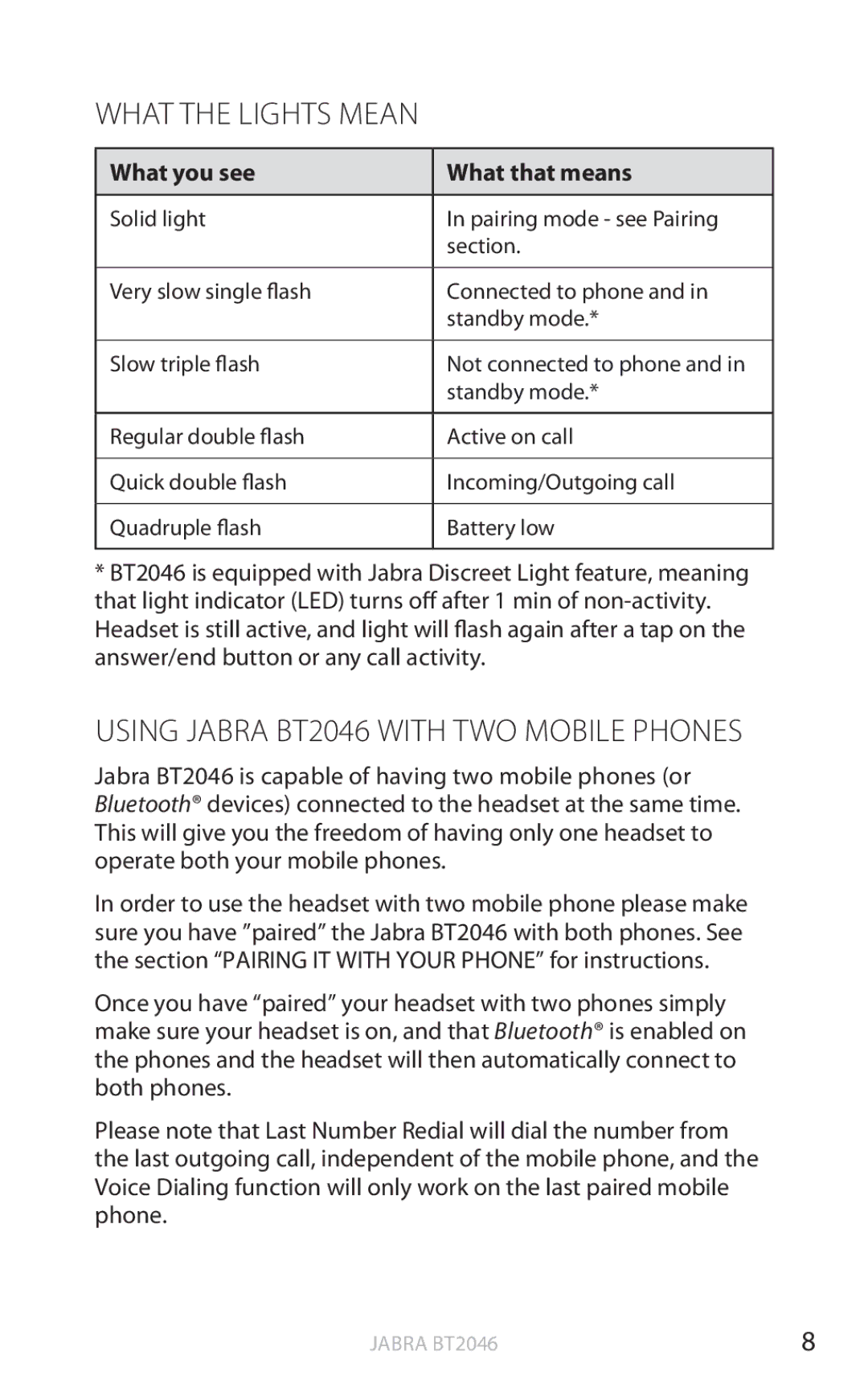 Jabra user manual What the Lights Mean, Using Jabra BT2046 with TWO Mobile Phones, What you see What that means 