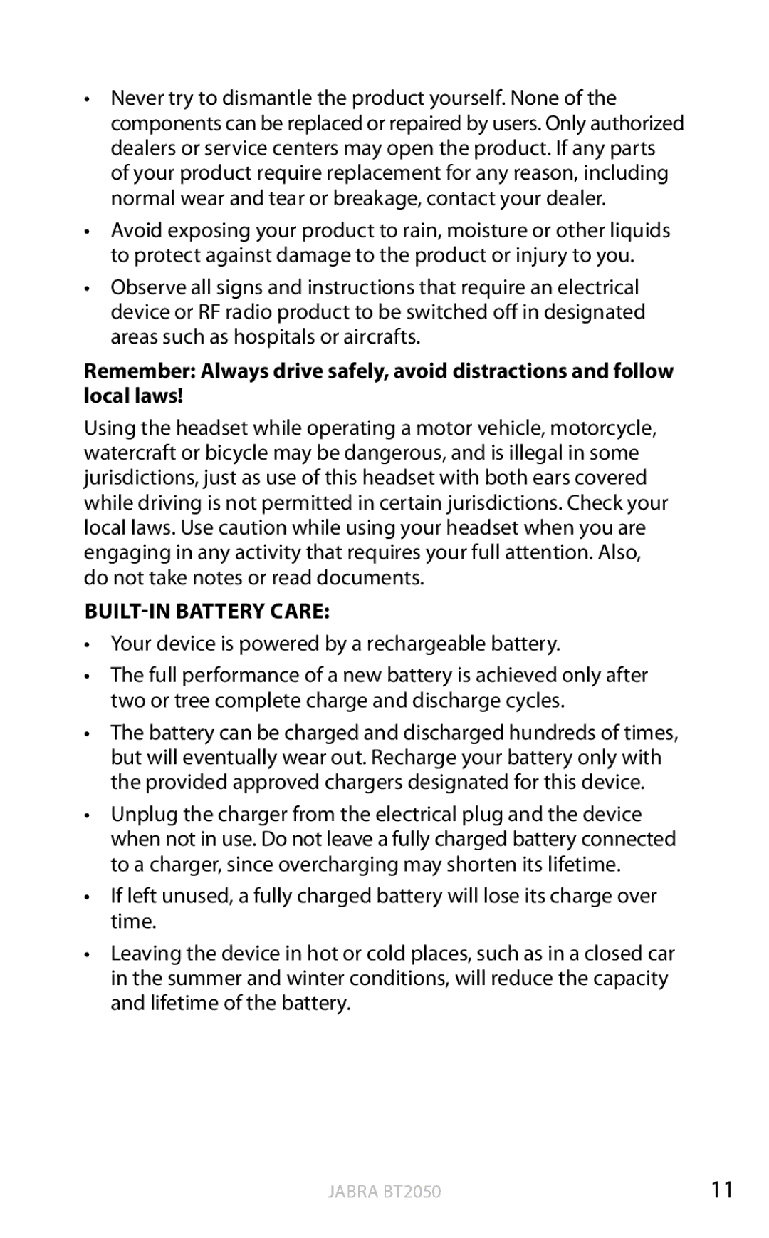 Jabra BT2050 user manual BUILT-IN Battery Care, Your device is powered by a rechargeable battery 