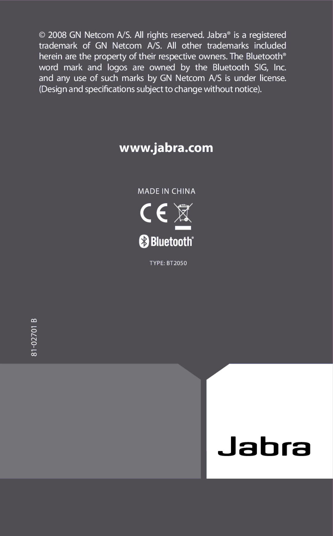 Jabra BT2050 user manual 81-02701 B 