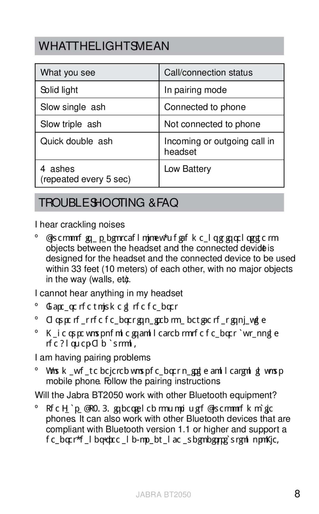 Jabra BT2050 user manual What the lights mean, Troubleshooting & FAQ 