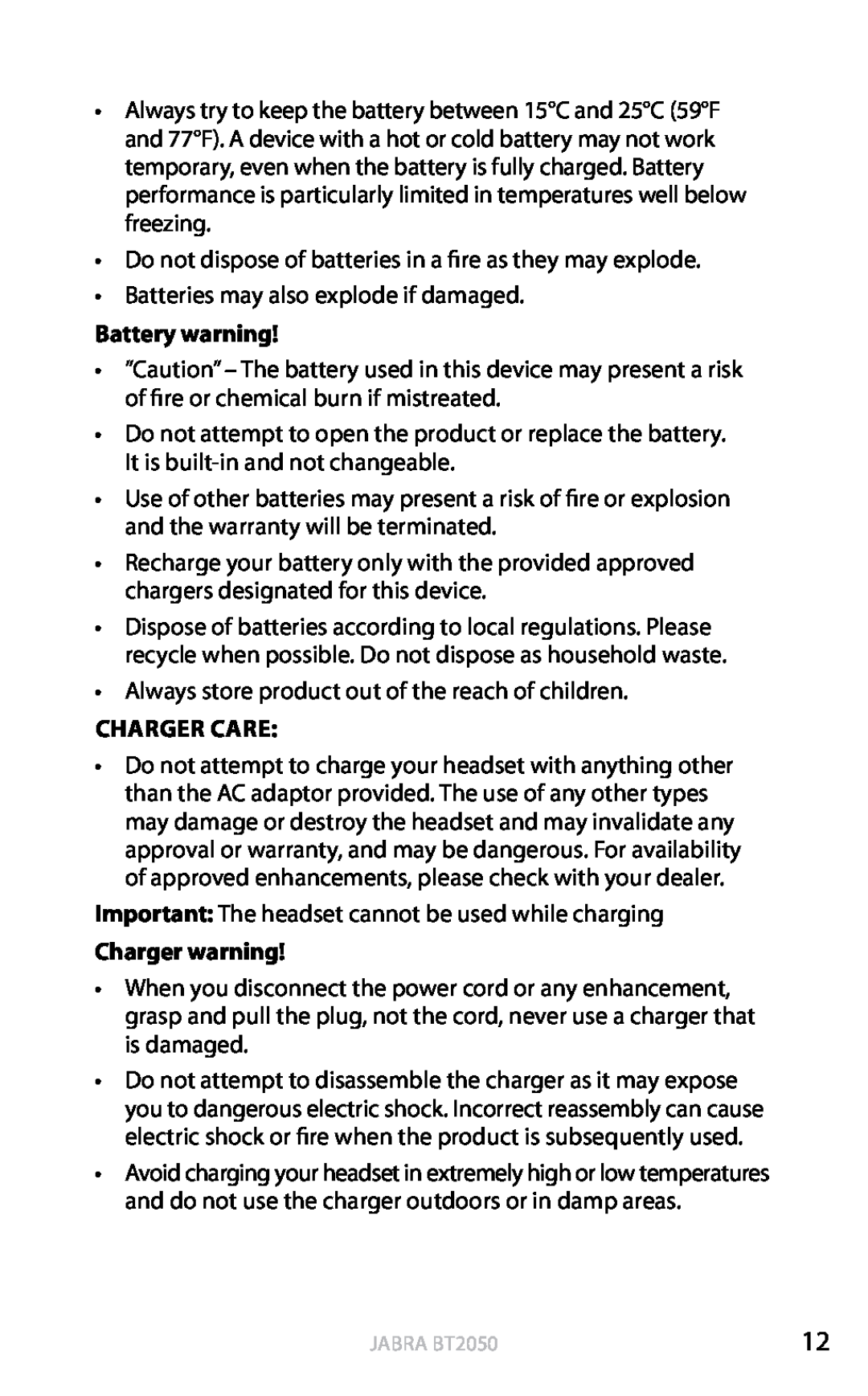 Jabra BT2050 user manual Battery warning, Charger Care, Charger warning, english 