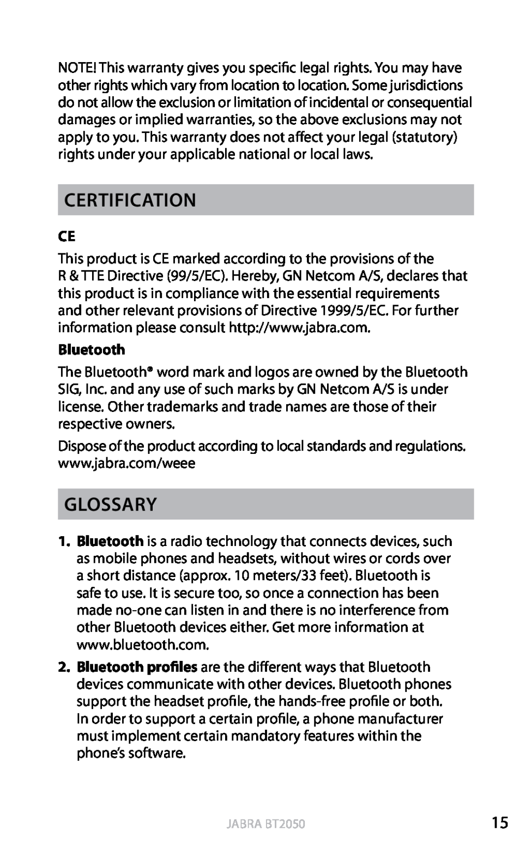 Jabra BT2050 user manual Certification, Glossary, Bluetooth, english 