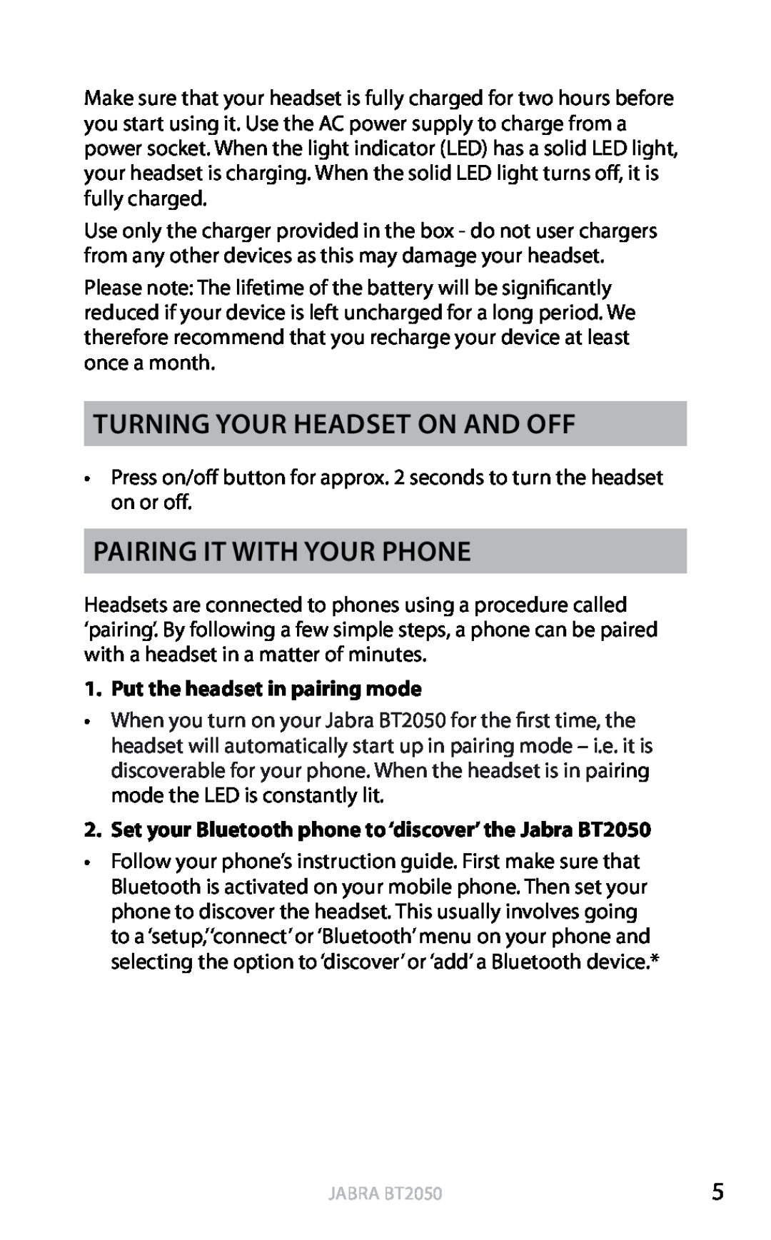 Jabra BT2050 Turning your headset on and off, Pairing it with your phone, Put the headset in pairing mode, english 