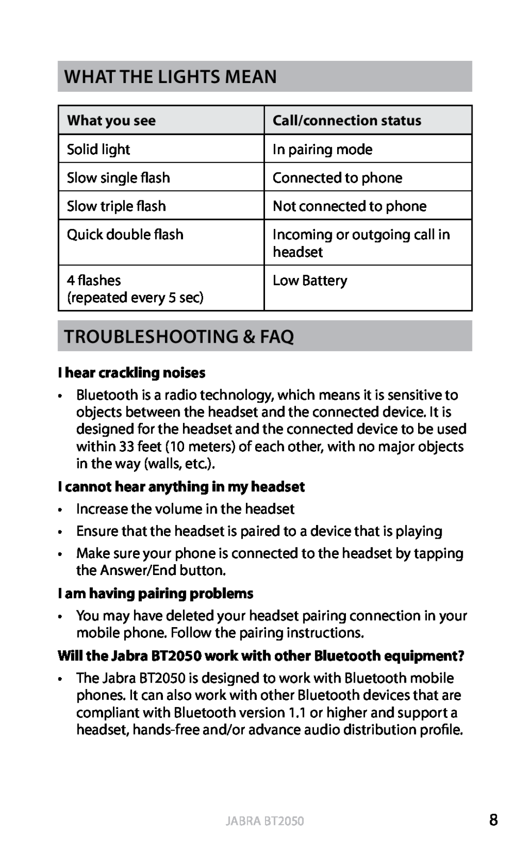 Jabra BT2050 What the lights mean, Troubleshooting & FAQ, Call/connection status, I hear crackling noises, english 