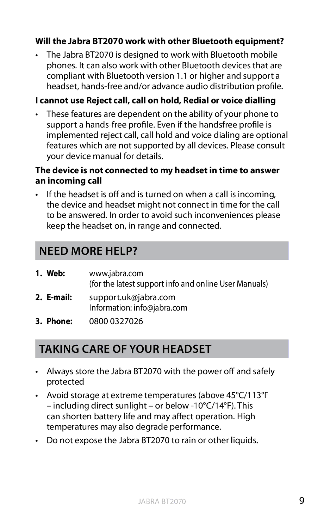 Jabra BT2070 user manual Need more help?, Taking care of your headset 