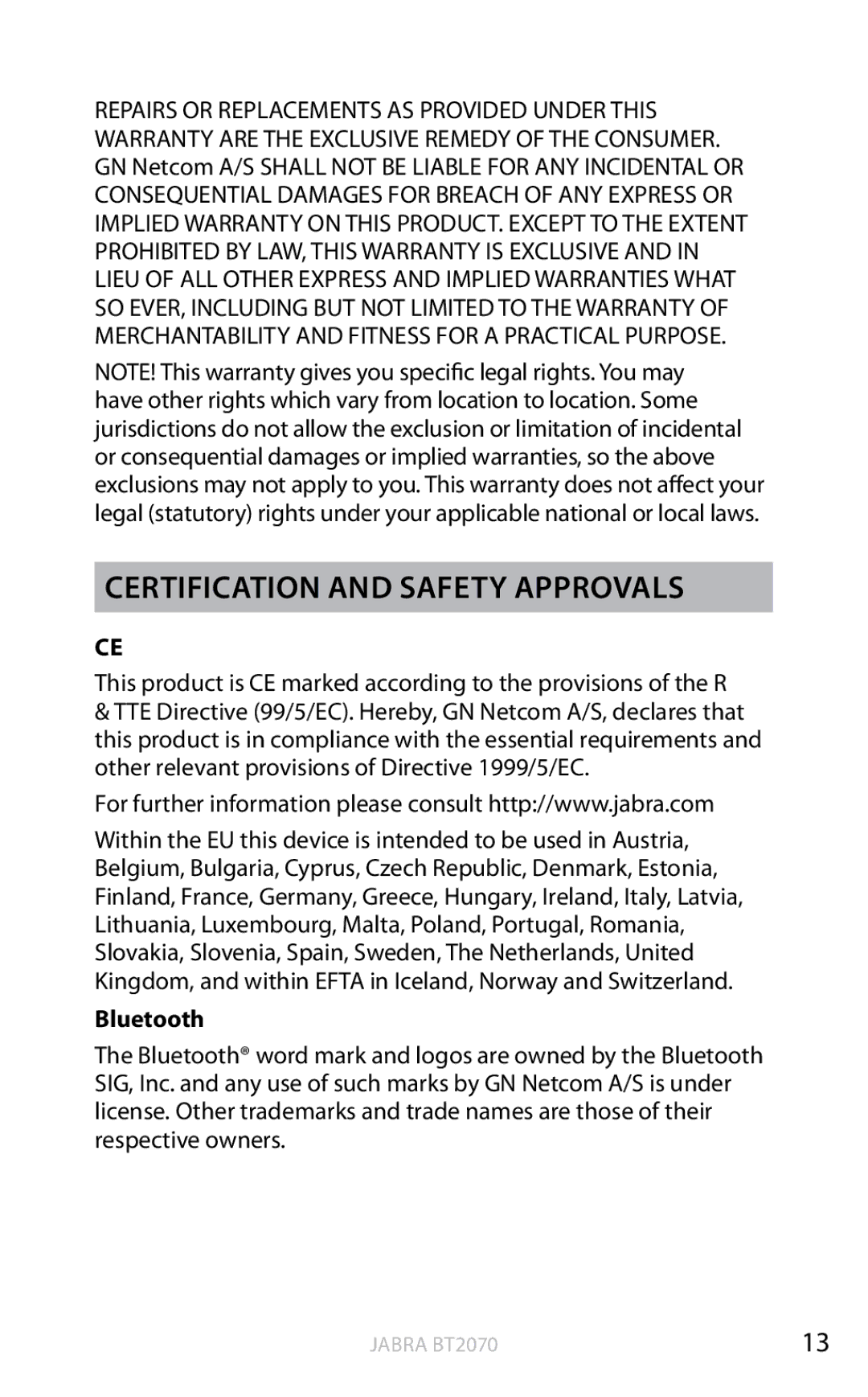 Jabra BT2070 user manual Certification and safety approvals, Bluetooth 