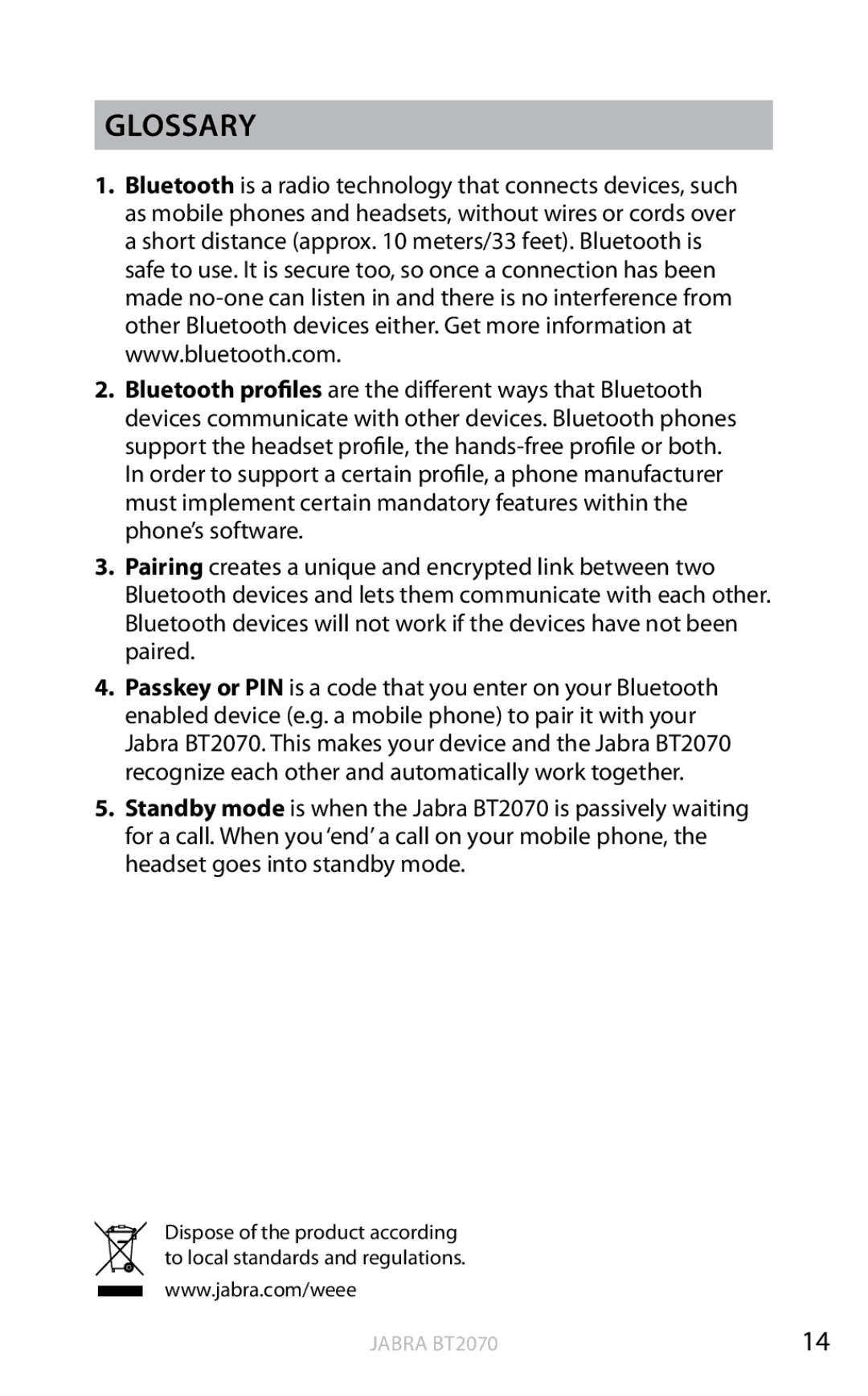 Jabra BT2070 user manual Glossary 