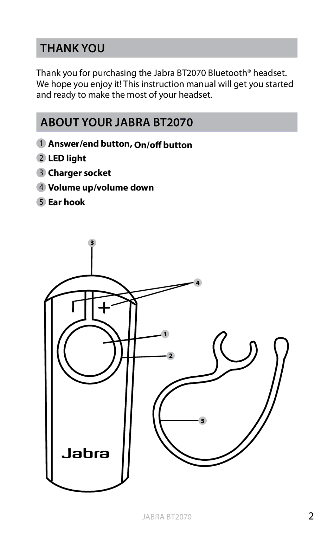 Jabra user manual English, Thank you About your Jabra BT2070 