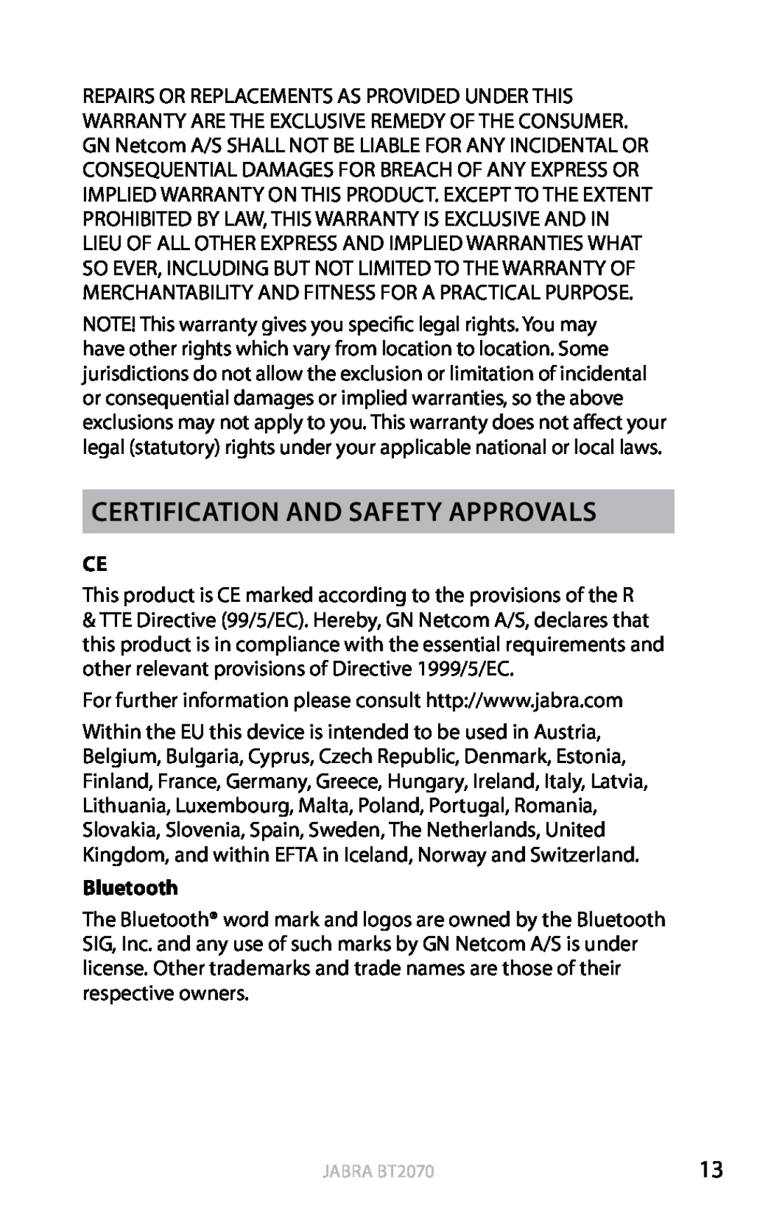 Jabra BT2070 user manual Certification and safety approvals, Bluetooth, english 