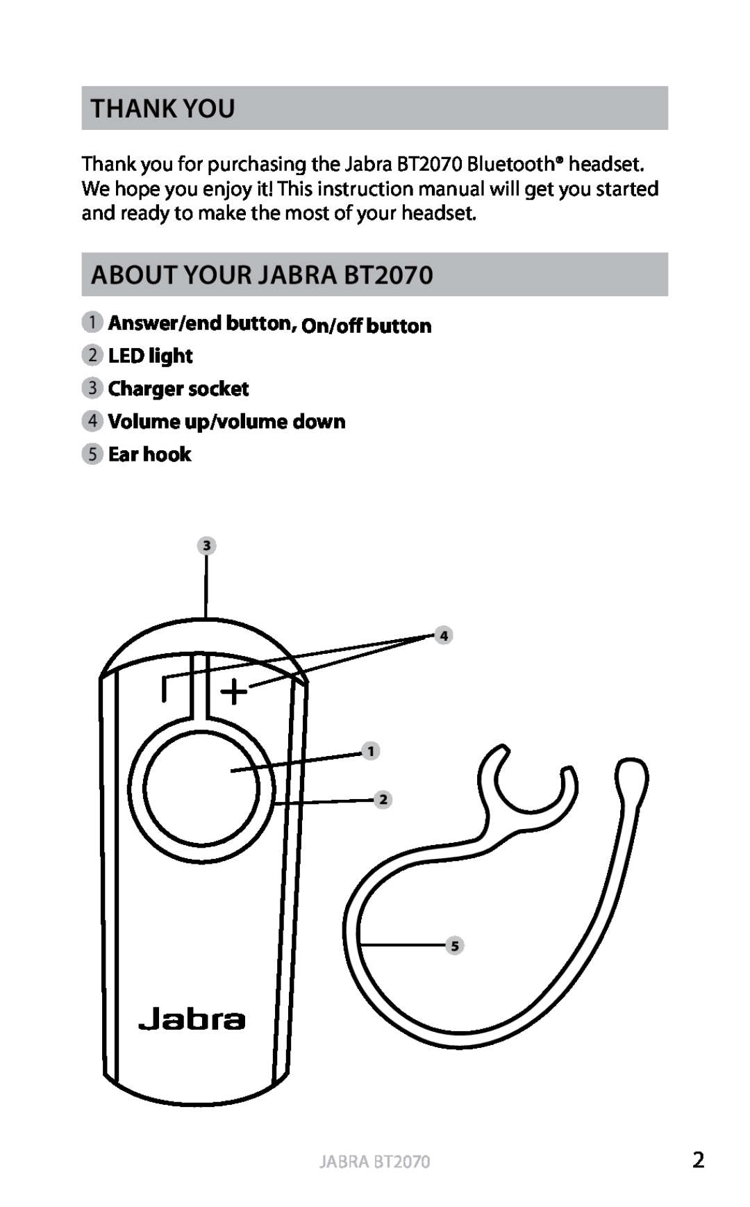 Jabra english, Thank you, About your Jabra BT2070, 1Answer/end button, On/off button 2LED light, Jabra bt2070 