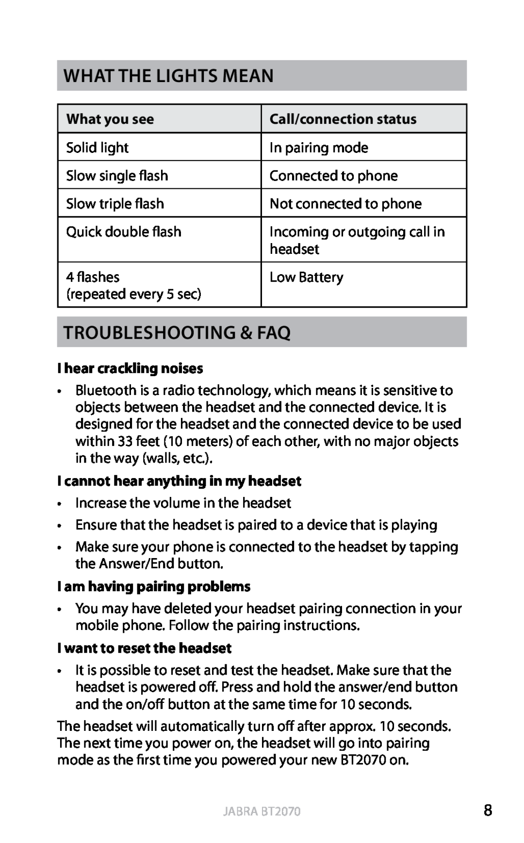Jabra BT2070 What the lights mean, Troubleshooting & FAQ, Call/connection status, I hear crackling noises, english 