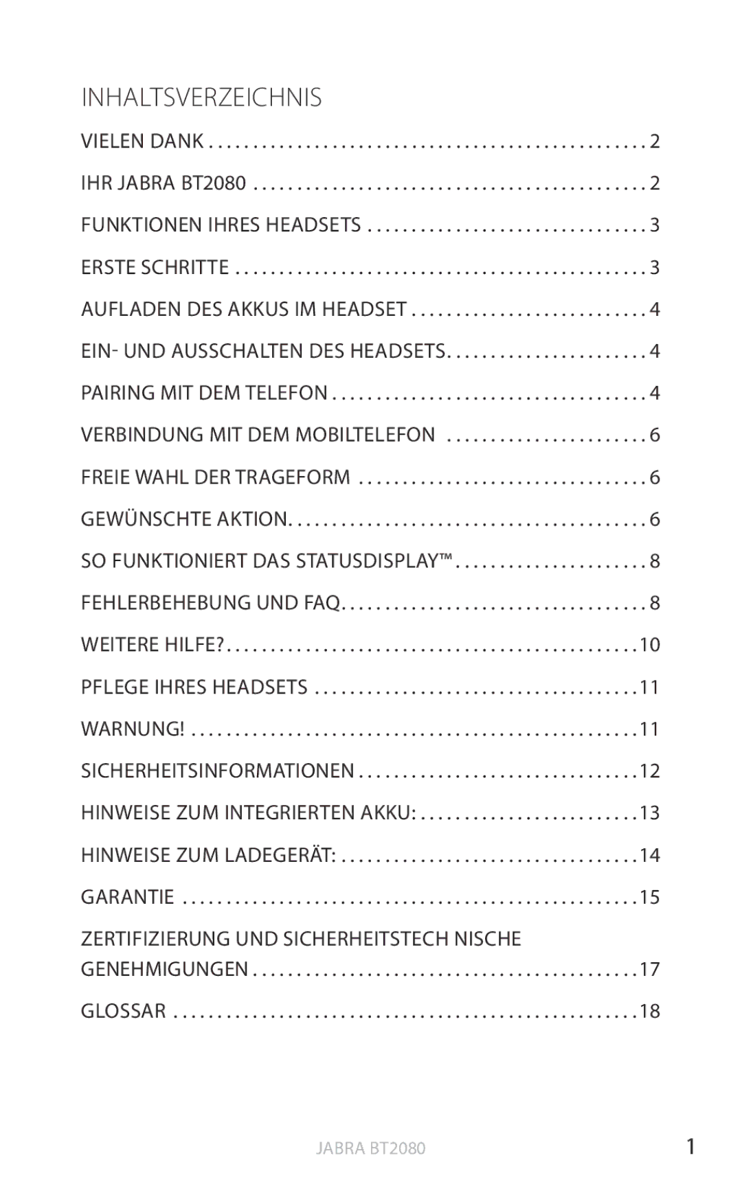 Jabra BT2080 user manual Inhaltsverzeichnis, Weitere Hilfe? Pflege Ihres Headsets 