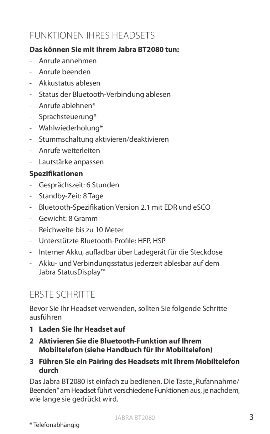 Jabra user manual Funktionen Ihres Headsets, Erste Schritte, Das können Sie mit Ihrem Jabra BT2080 tun, Spezifikationen 