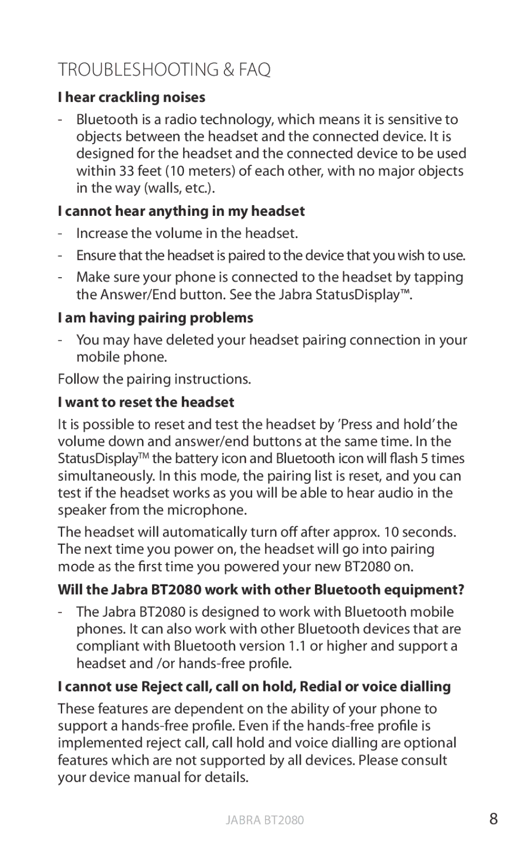 Jabra BT2080 user manual Troubleshooting & FAQ 