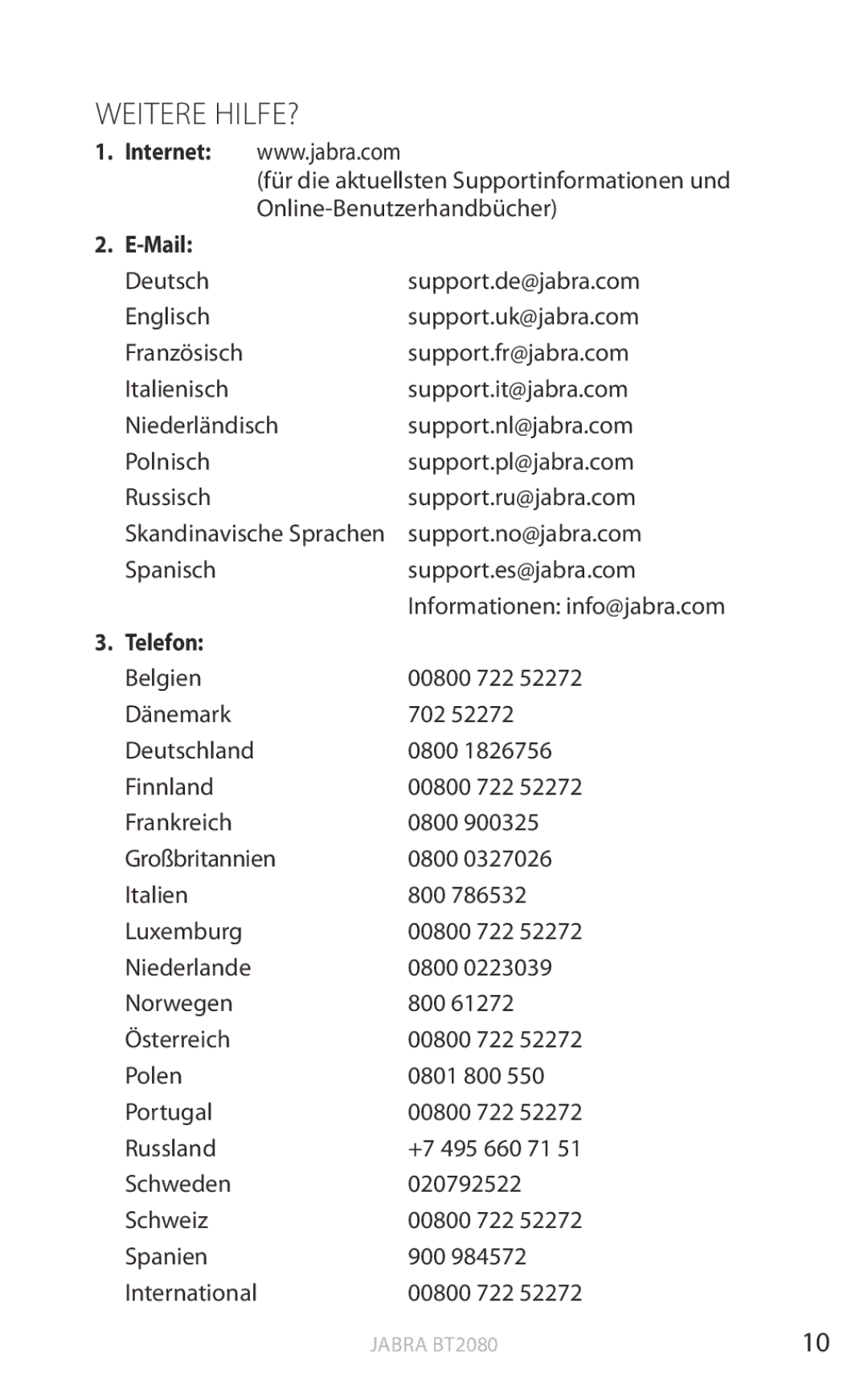 Jabra BT2080 user manual Weitere Hilfe?, Internet 