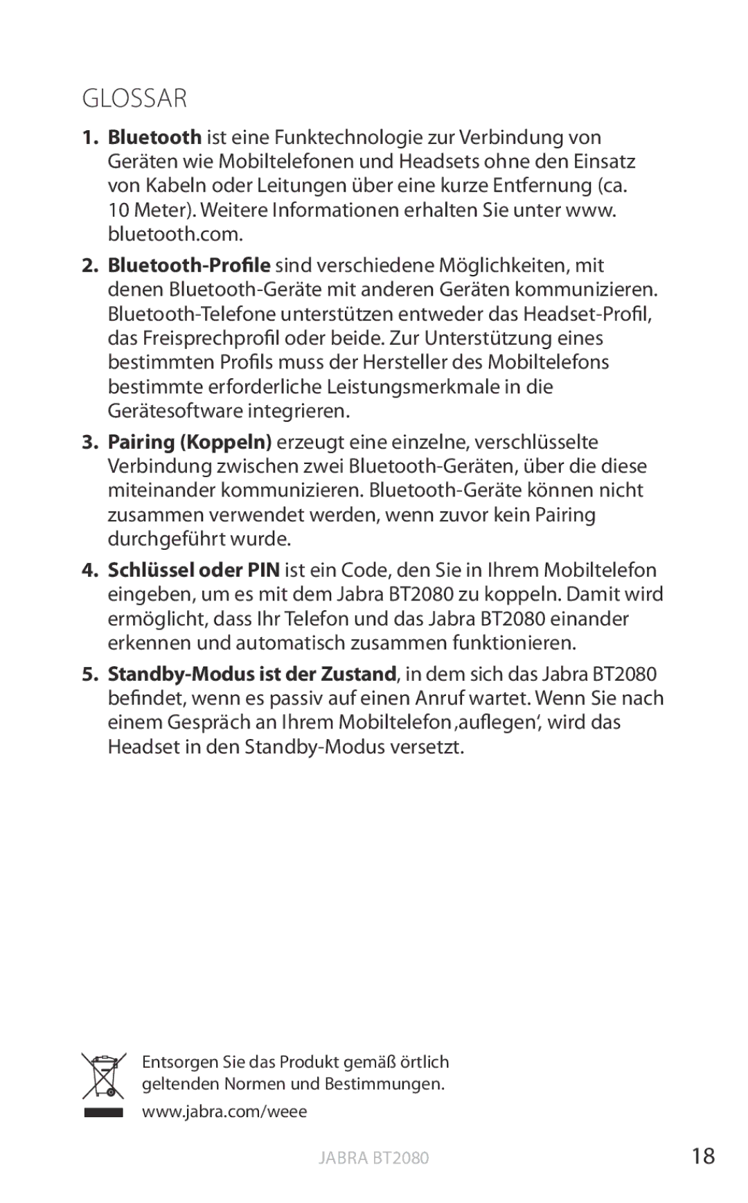Jabra BT2080 user manual Glossar 