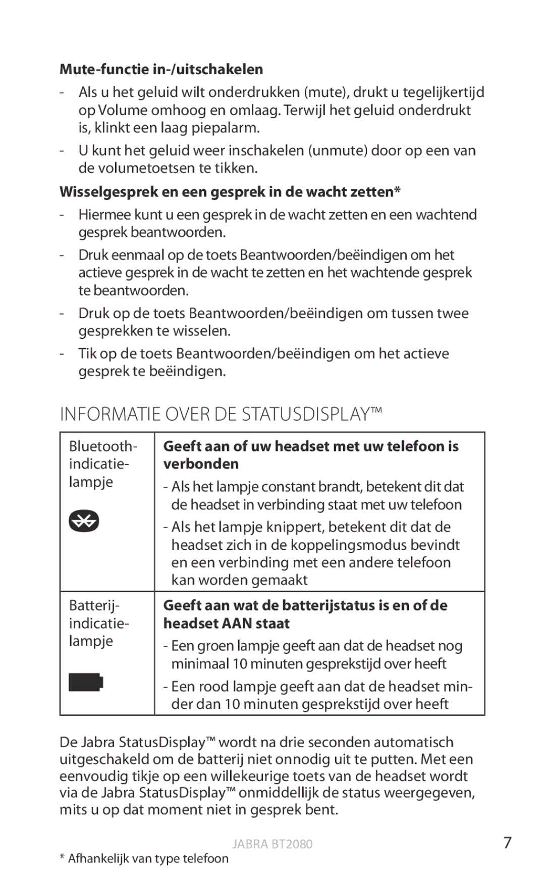 Jabra BT2080 user manual Informatie Over DE Statusdisplay 