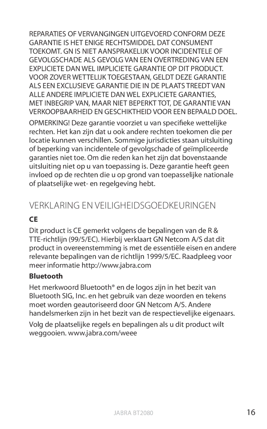 Jabra BT2080 user manual Verklaring en veiligheidsgoedkeuringen, Bluetooth 