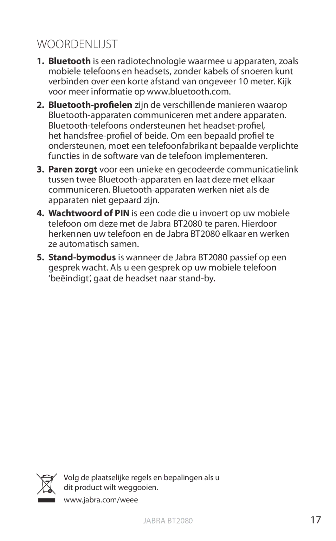 Jabra BT2080 user manual Woordenlijst 