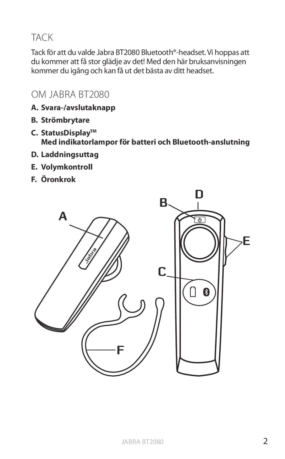 Jabra user manual Tack, OM Jabra BT2080 