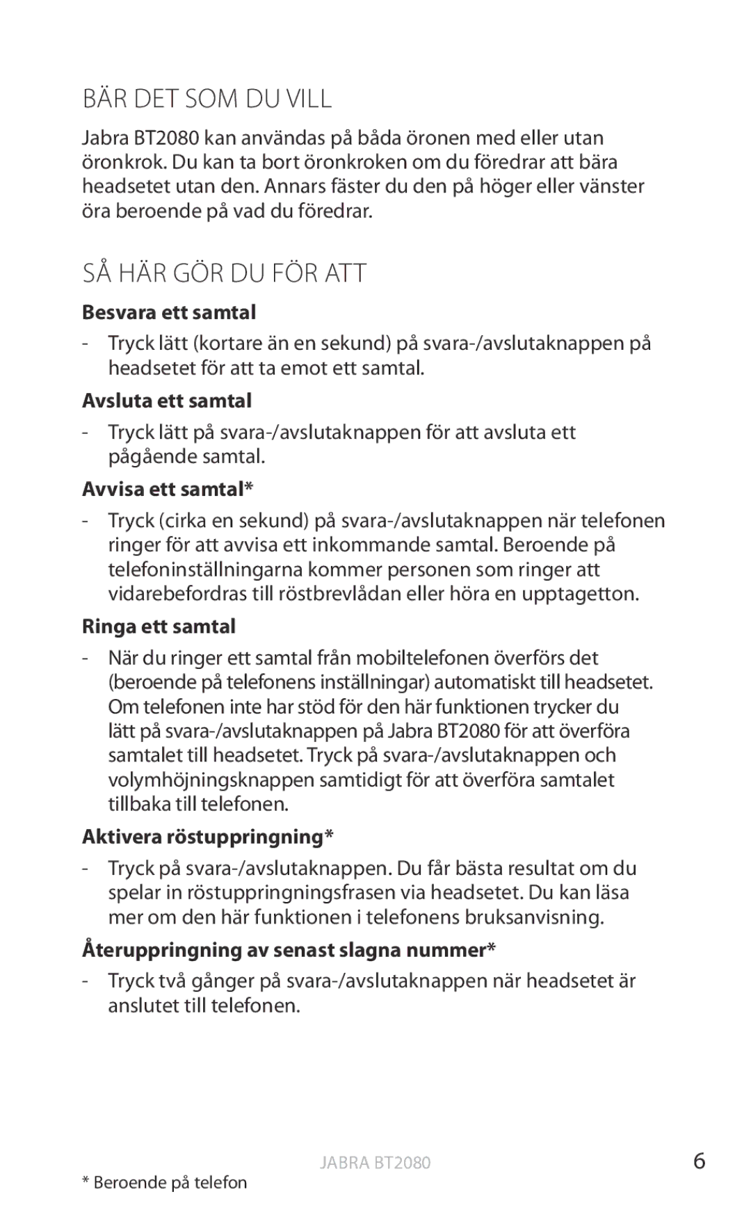 Jabra BT2080 user manual BÄR DET SOM DU Vill, Så Här Gör Du För Att 