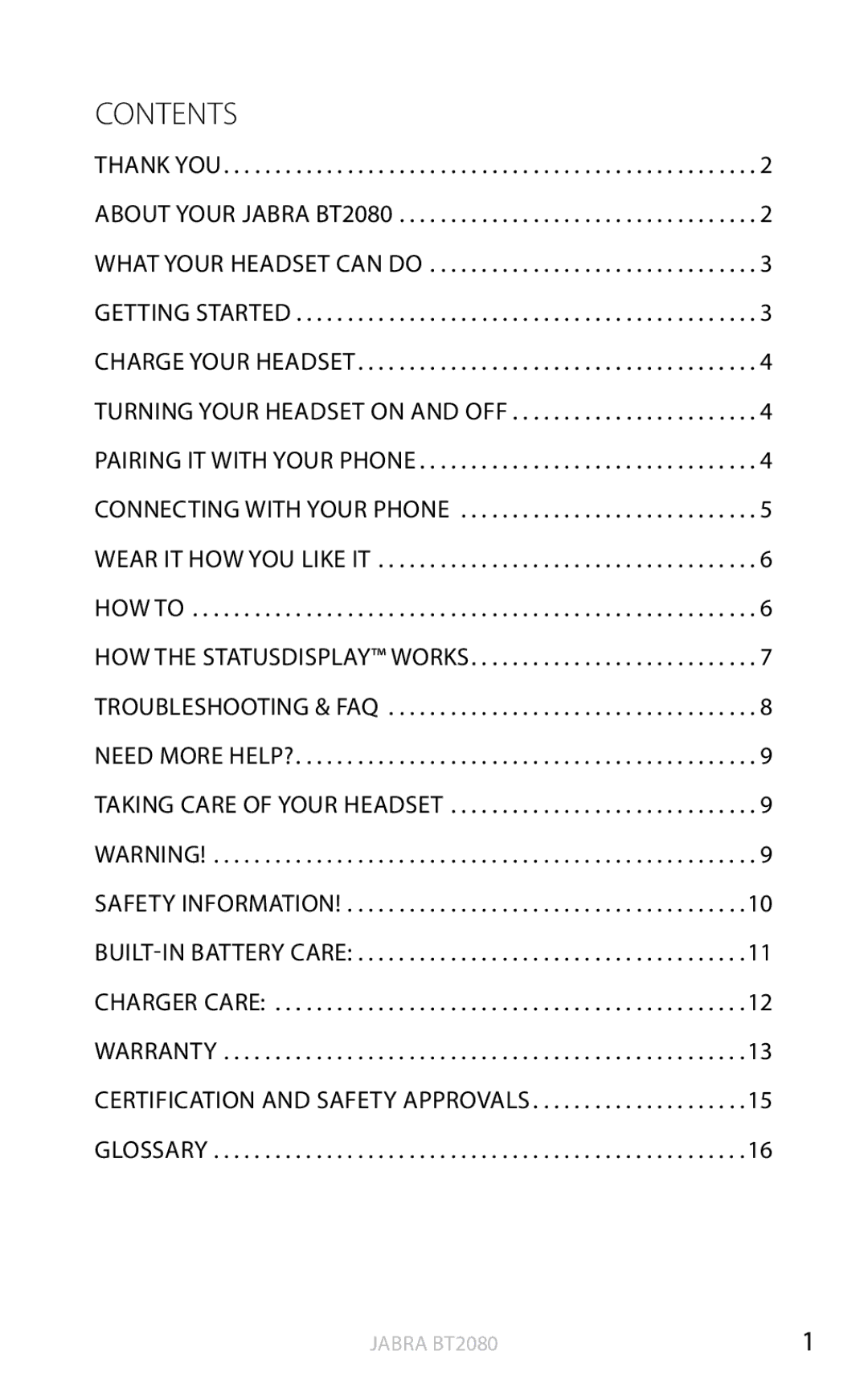 Jabra BT2080 user manual Contents, Warranty Certification and safety approvals Glossary 