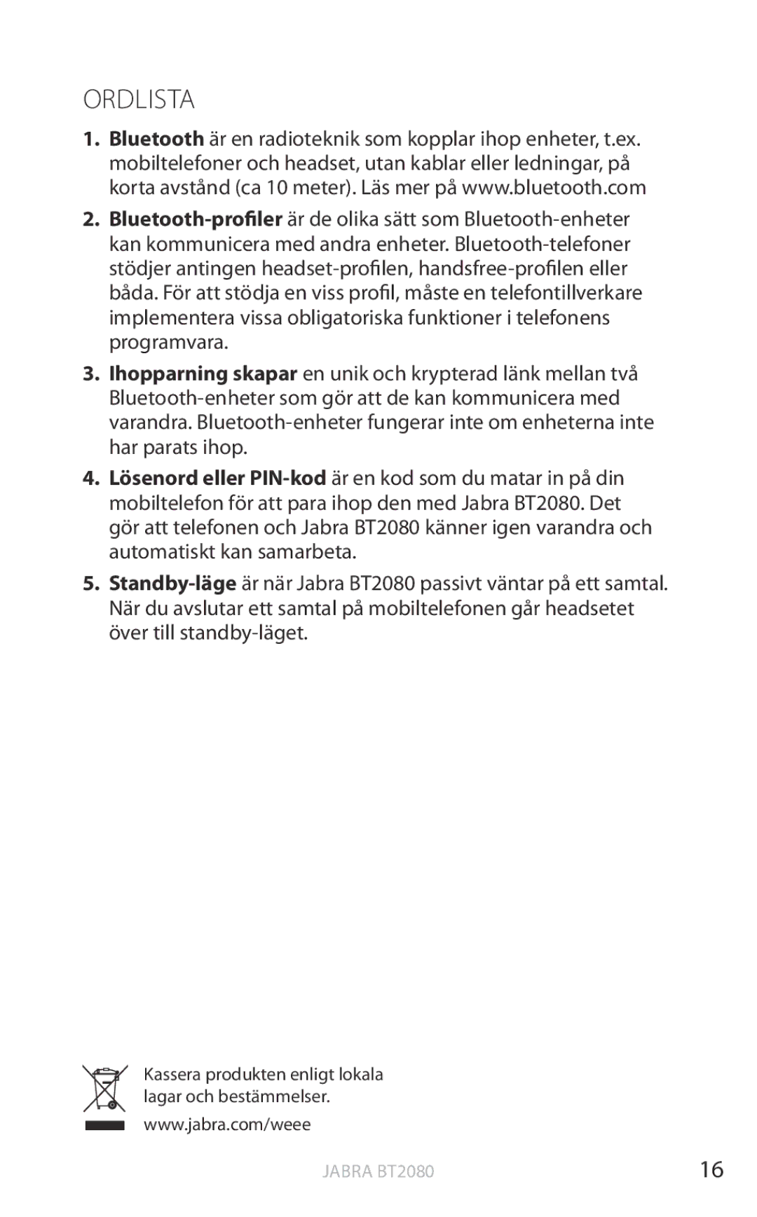 Jabra BT2080 user manual Ordlista 