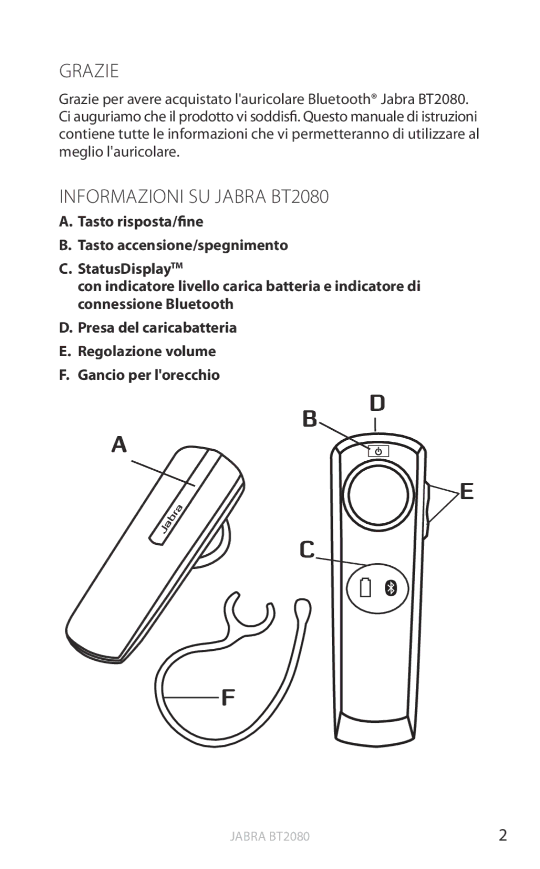 Jabra user manual Grazie, Informazioni SU Jabra BT2080 