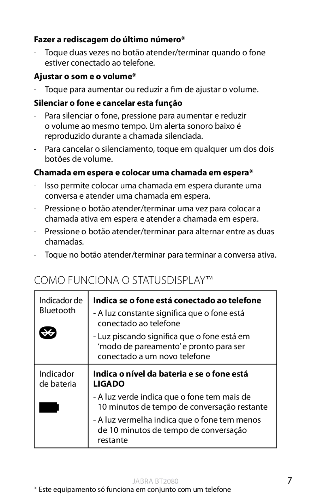 Jabra BT2080 user manual Como Funciona O Statusdisplay 