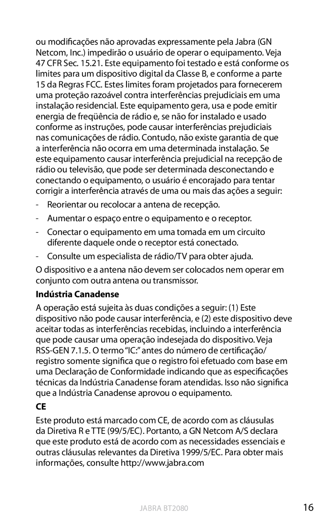 Jabra BT2080 user manual Indústria Canadense 